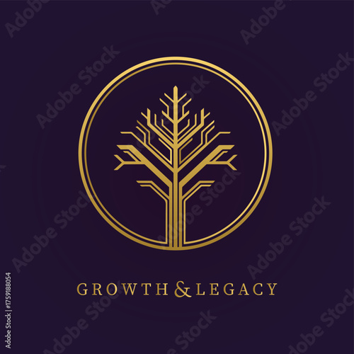 Vector art of golden tree logo symbolizing growth and legacy on a dark purple background