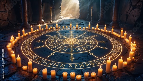 Glowing Arcane Circle on Stone Floor Mystical Atmosphere