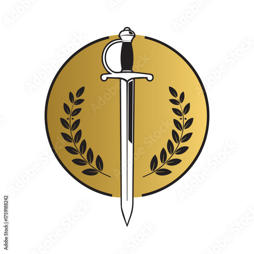 Vector art of golden circle with a sword and laurel wreath