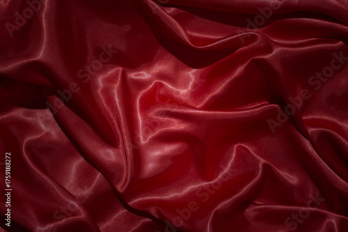 top view close-up of red satin fabric, smooth and luxurious, beautiful, classy, ​​wavy texture
