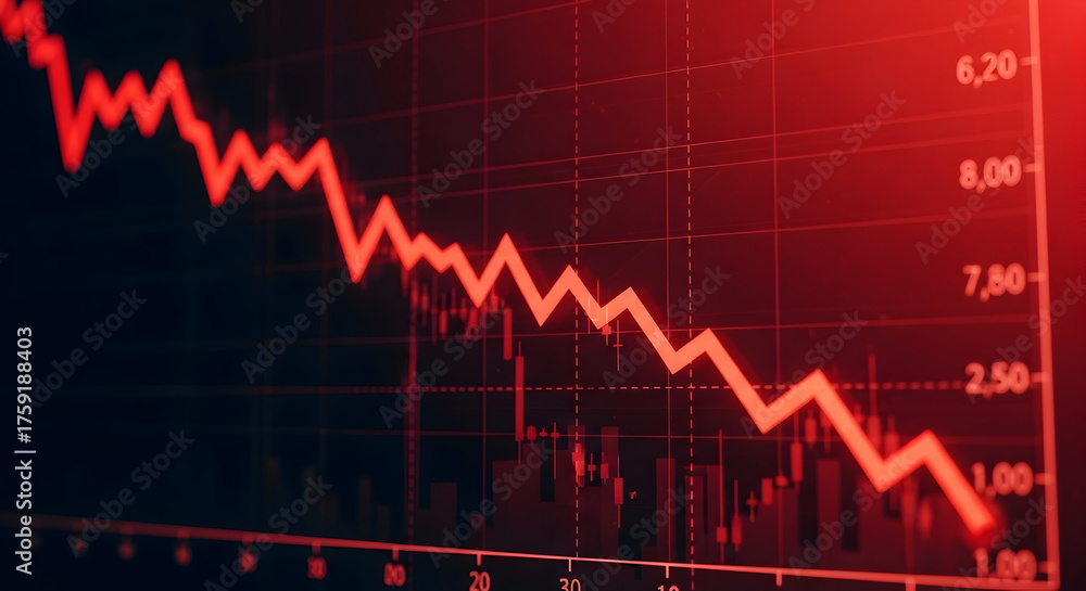 Fototapeta premium Critical Downtrend Graph Depicting Stock Market Decline, Financial Loss Trends, And Economic Analytics In A Dramatically Red Visual Display