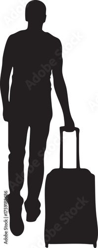 Silhouette of a Man Walking with Suitcase on White Background