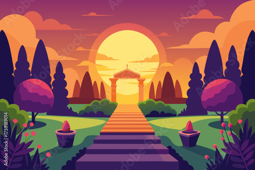 Vibrant garden path leading to ancient archway at sunset