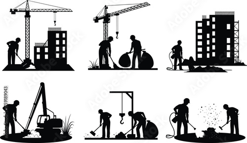 Black and White Icon Set of Construction Workers and Cranes, Including Building Site Cleanup and Excavation Operations, Industrial Vector Silhouettes.