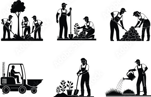 Black and White Icon Set of Gardeners Planting and Tending Plants, Landscaping Workers with Shovels and Wheelbarrow, Gardening and Farming Vector Silhouettes.