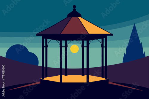 Stylized gazebo silhouette with moon and landscape at dusk