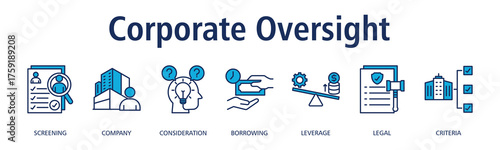 Corporate Oversight banner web icon vector illustration concept with icon of screening, company, consideration, borrowing, leverage, legal, criteria
