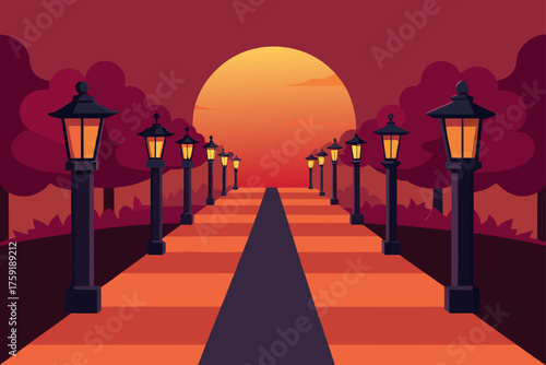 Pathway lined with lanterns leading to a vibrant sunset in a stylized forest