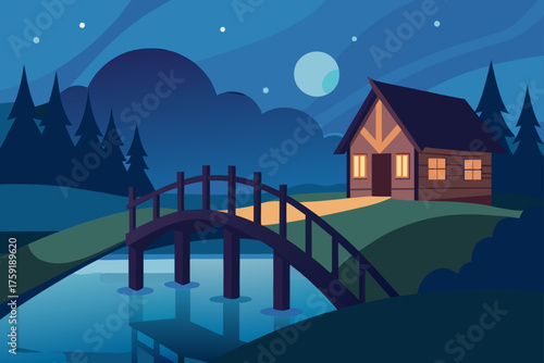 Cozy cabin by a lake with a bridge under the moonlight