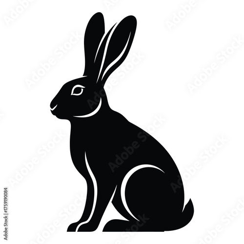 Silhouette of a sitting rabbit detailed with subtle white line accents side profile view silhouette