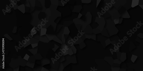 Dark abstract background with a fractured, geometric mosaic of irregular dark gray polygonal shapes and subtle lighting creating depth and a somber, textured surface