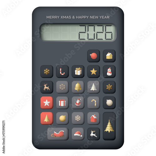 Merry Xmas and Happy New Year 2026 calligraphy on 3D black calculator isolated have Christmas elements on buttons graphic illustration.
