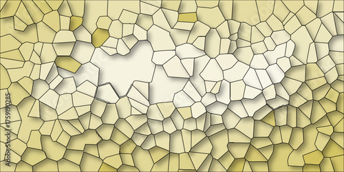 Organic cellular mosaic background with irregular polygonal shapes in warm yellow and cream tones, featuring black outlines and soft shadows for a textured, natural aesthetic