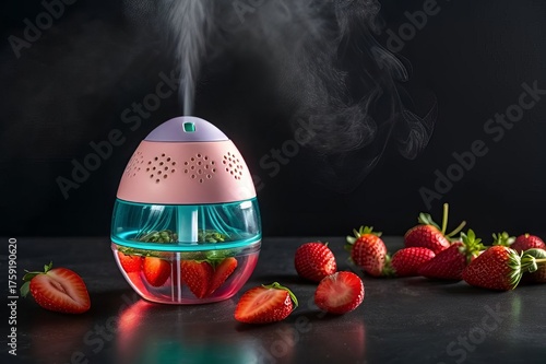 Strawberry Infused Aroma Diffuser with Fresh Fruit and Steam on Dark Background.