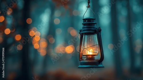 A vintage lantern hangs in a misty forest, casting a warm glow amidst soft, blurred lights and an ethereal atmosphere.