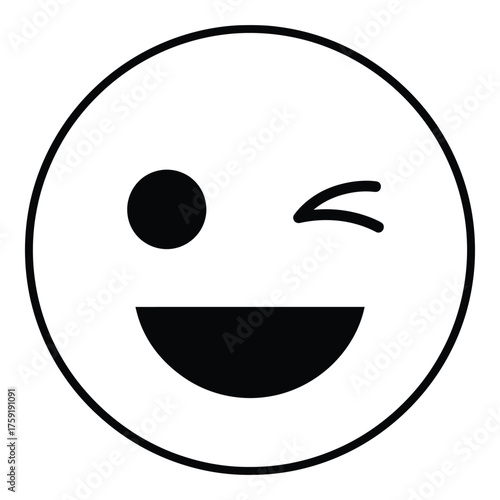 Simple black outline smiley face winking with a wide happy smile icon silhouette