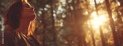 Serene woman practicing gratitude in the woods, warm golden sunlight illuminating her face, deep breathing, and spiritual connection to nature