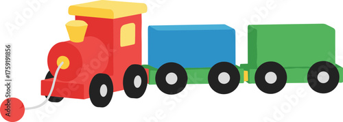 Flat Style Colorful Wooden Toy Train Engine and Freight Cars Illustration