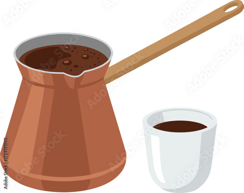 Flat Design Turkish Coffee Pot with Cup and Wooden Handle Still Life