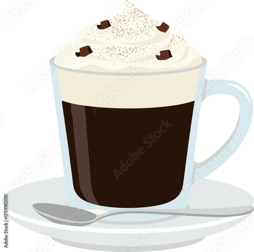 Flat Simple Irish Coffee Glass with Cream and Chocolate Decoration