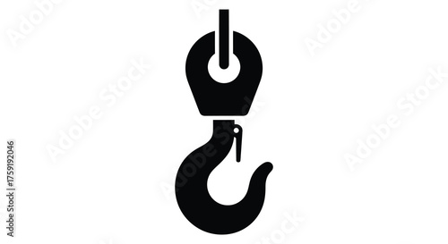 A stark black silhouette of a heavy duty industrial crane hook and shackle assembly against a plain white background