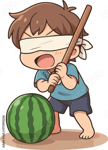 スイカ割りをする少年のイラスト