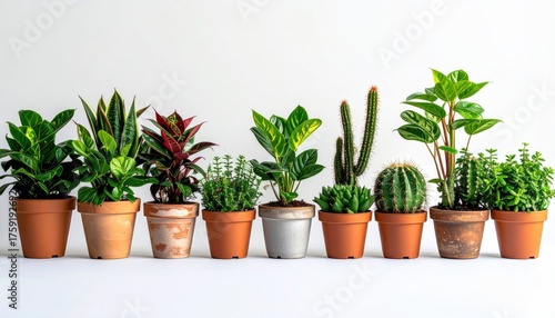 Assortment of Potted Green Plants and Cacti Lined Up Against a White Background