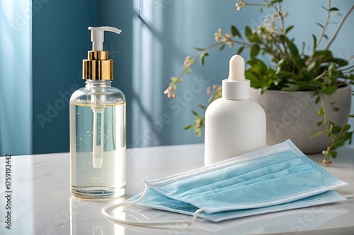 Hand Sanitizer, Face Mask, and Skincare Bottle on Clean Bathroom Counter with Green Plant and Natural Light.