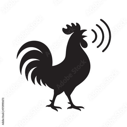 Black silhouette of a rooster crowing with sound waves bird