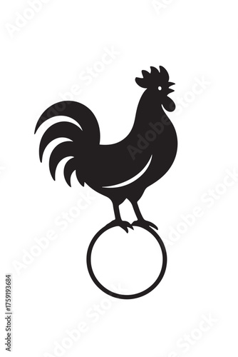 Black silhouette of a rooster standing on a circle on a white background chicken bird