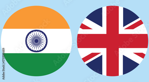 India and United kingdom Circular Flags Isolated on Flat light blue Background , Symbol of Unity and International Friendship