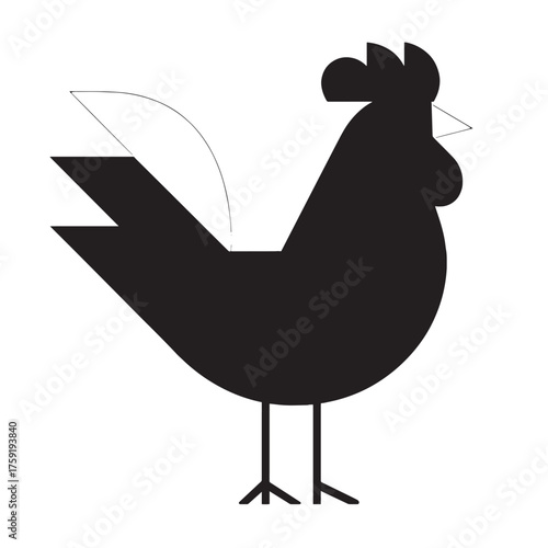 Black silhouette of a stylized rooster with geometric shapes on white chicken