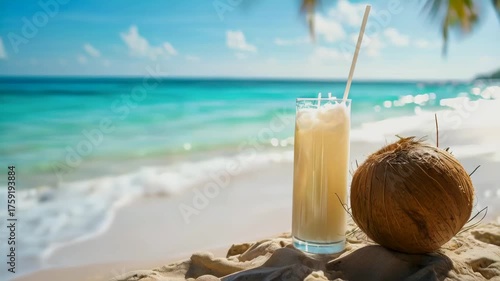 Tropical coconut cocktail on a sunny beach with ice and fruit