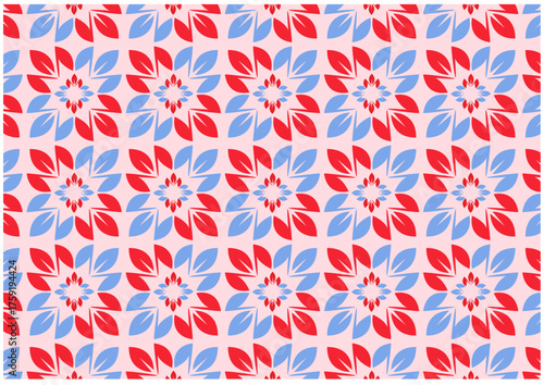 Floral pattern with red and blue flowers on a pink background.