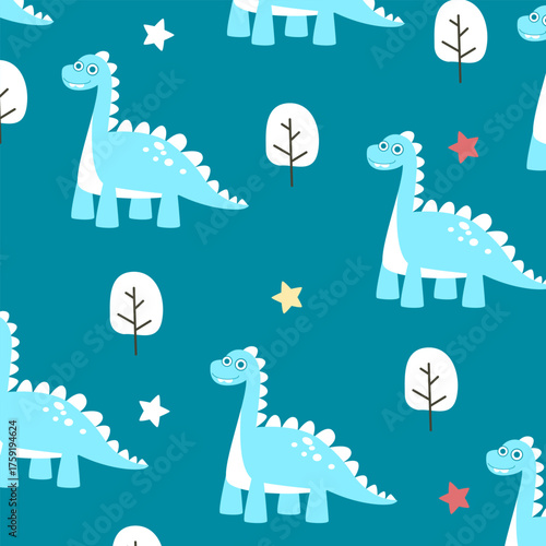 blue brontosaurus dinosaur vector cartoon seamless pattern design for kids apparel fullprint fabric
