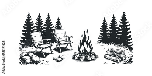 Campfire with chairs in a forest clearing