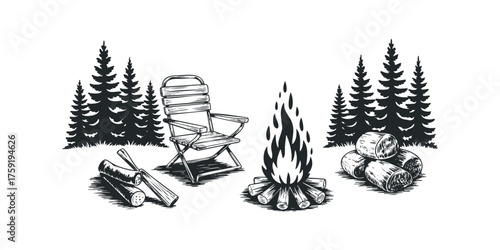 Forest campsite scene with bonfire and folding chair
