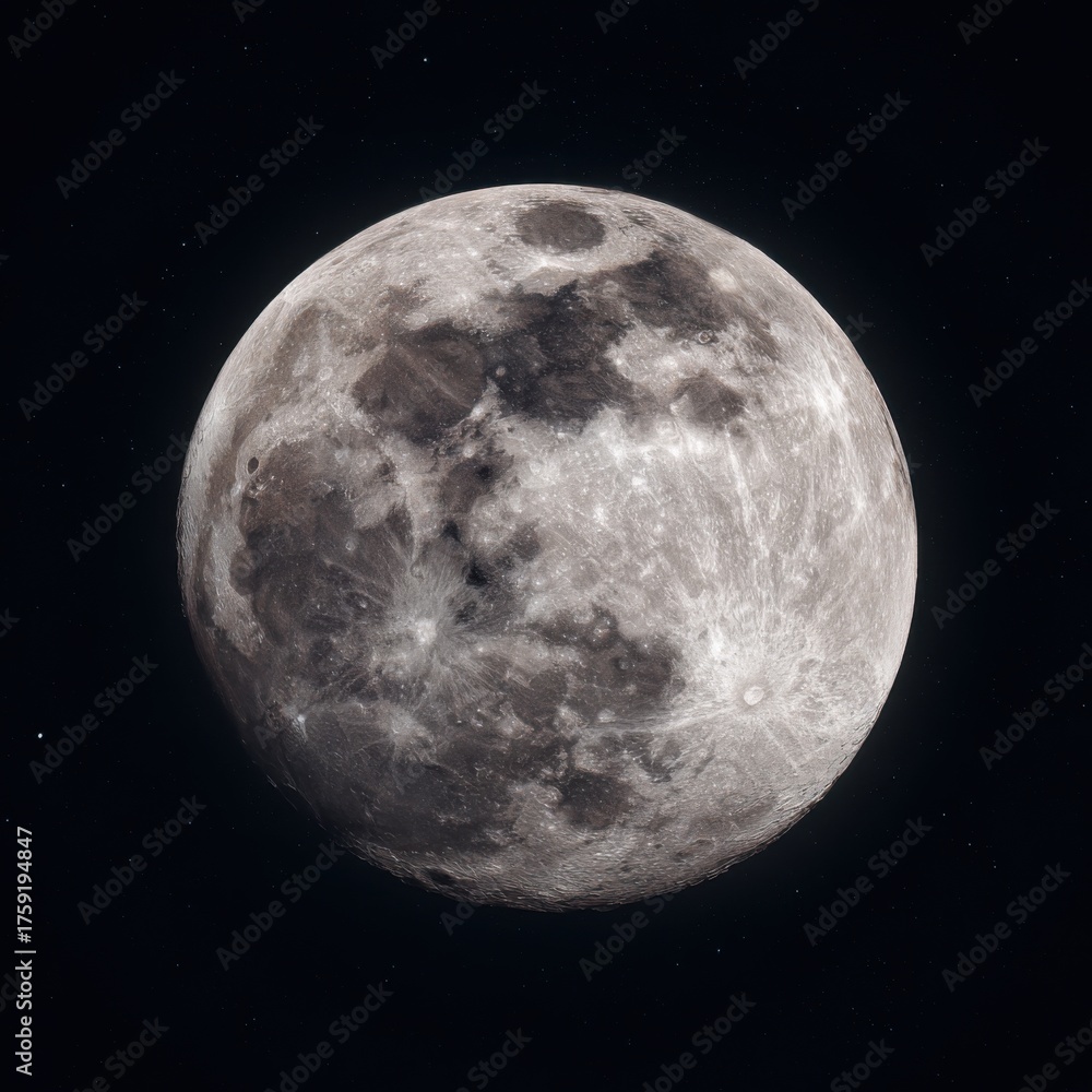 Naklejka premium Detailed Full Moon Surface with Craters and Dark Regions in Space.