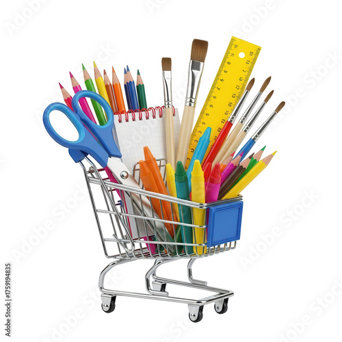 Illustration of shopping cart full of school supplies isolated on transparent background
