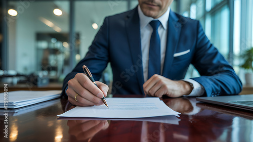 Businessman in a suit signs a contract on a wooden desk using a pen in a modern office setting symbolizing agreement and commitment