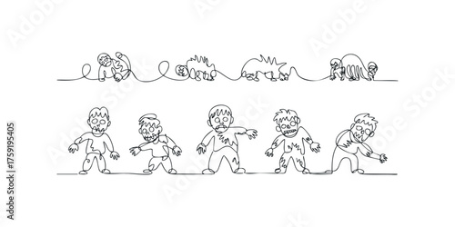 Monoline drawing of a group of shuffling and groaning undead figures