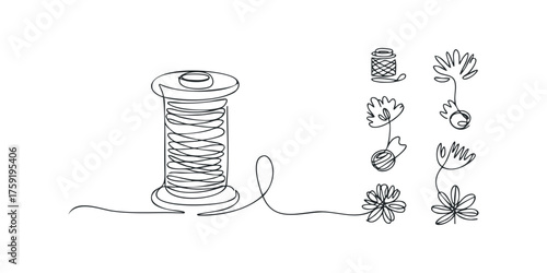Minimalist line art of thread spool and floral shapes