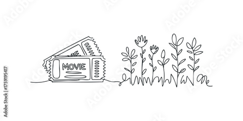Hand drawn movie tickets beside stylized plants