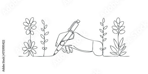 Continuous line drawing of a hand holding a pen and writing among plants