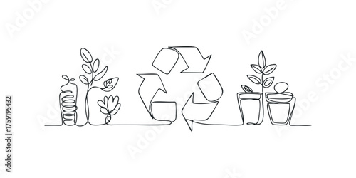 Continuous Line Drawing of Recycling Symbol with Plants