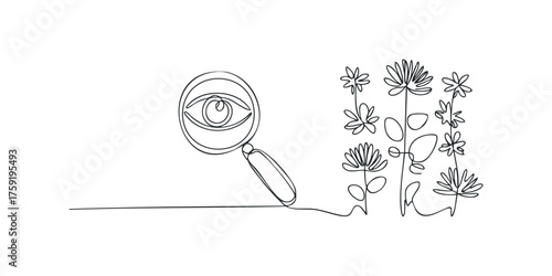 Continuous line drawing of eye in magnifying glass with flowers