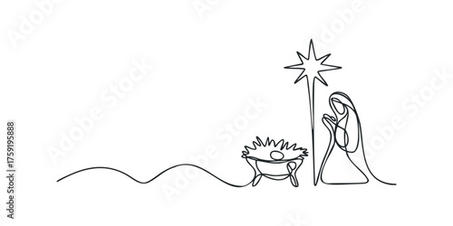 Virgin Mary praying by Nativity manger and Star