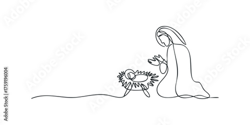 Mother and Child in Manger Continuous Line Drawing