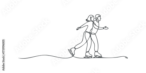 Couple figure skating gracefully on ice with a single line drawing