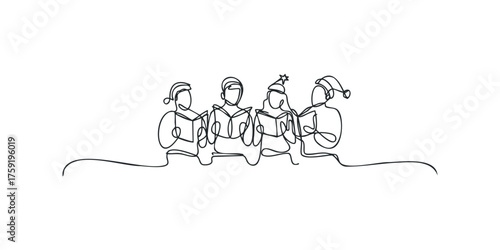 Four people in santa hats singing carols from books